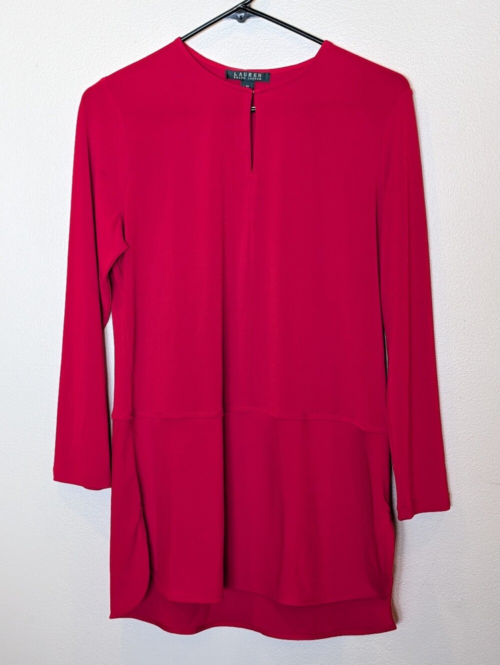 Lauren Ralph Lauren Red Tunic Blouse Split Hem Keyhole Neck Stretch Top Medium